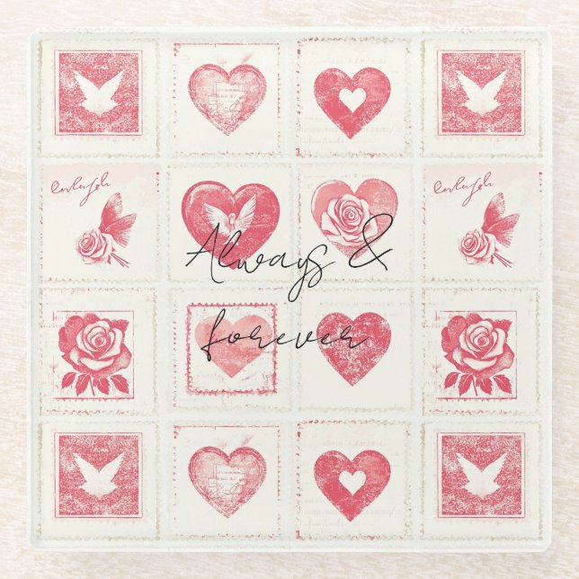 Chic Red Cream Valentine Love Wedding Glass Coaster (Front)