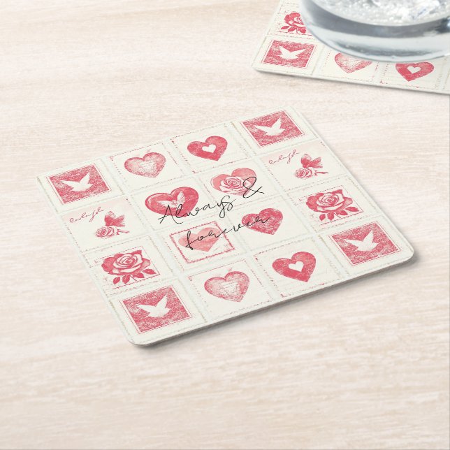 Chic Red Cream Valentine Love Wedding Square Paper Coaster (Angled)
