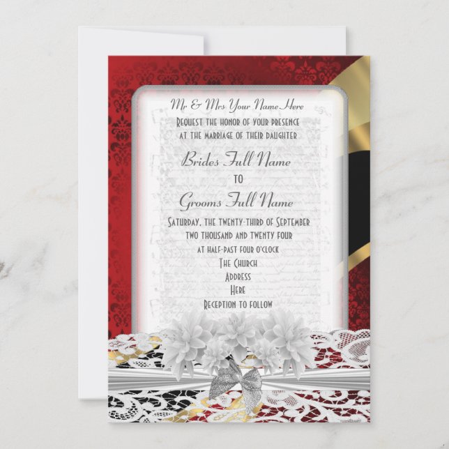 Chic red damask and white lace wedding invitation (Front)
