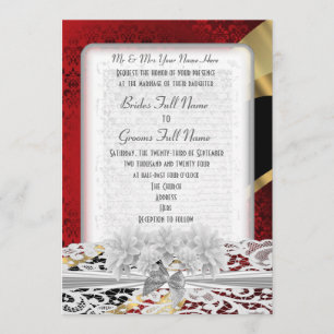 Chic red damask and white lace wedding invitation