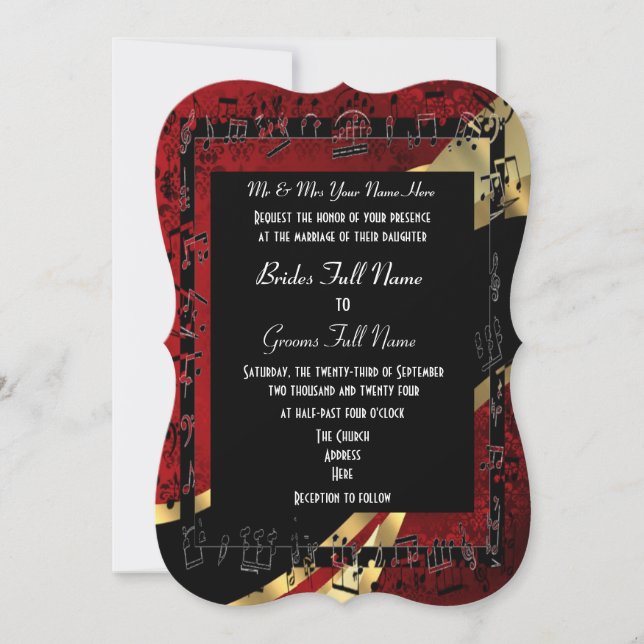 Chic red damask gold elegant formal wedding invitation (Front)