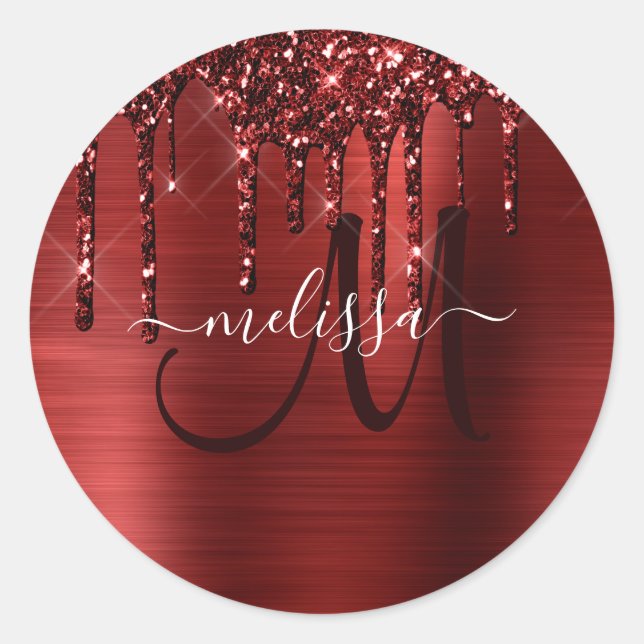 Chic Red Dripping Glitter Brushed Metal Glam Classic Round Sticker (Front)