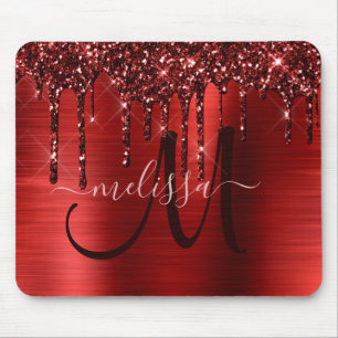 Chic  Red Dripping Glitter Metal Monogram Mouse Pad