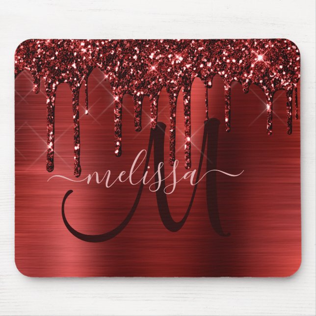 Chic  Red Dripping Glitter Metal Monogram Mouse Pad (Front)