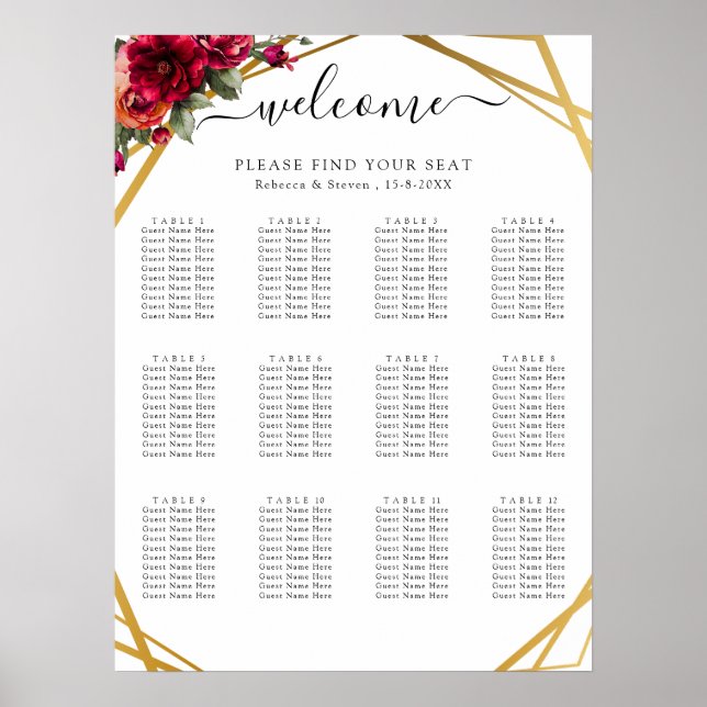 Chic red floral faux gold wedding seating chart (Front)