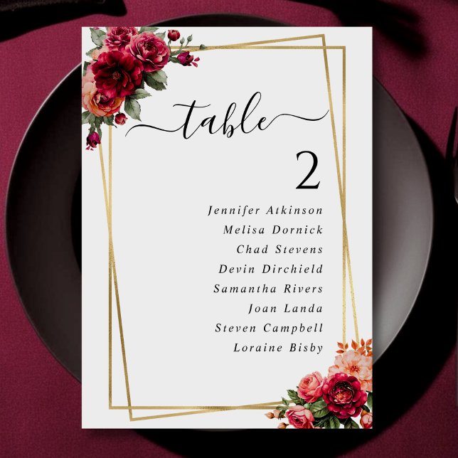 Chic red floral faux gold wedding seating chart (Creator Uploaded)