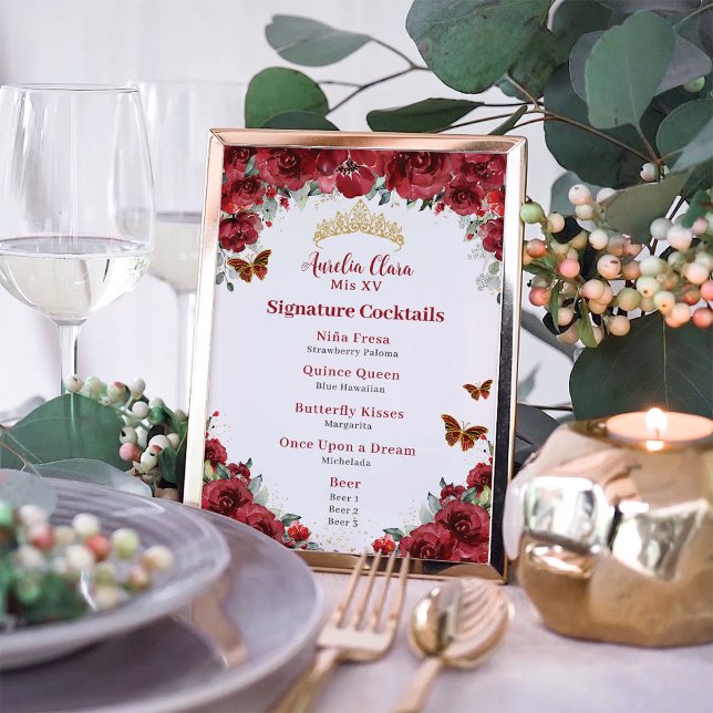 Chic Red Floral Gold Quinceanera Bar Drink Menu Photo Print (Creator Uploaded)