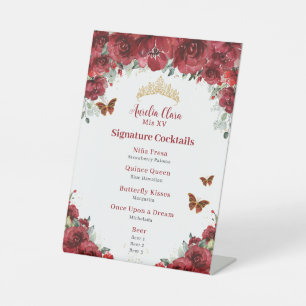 Chic Red Floral Gold Quinceanera Cocktails Menu Pedestal Sign