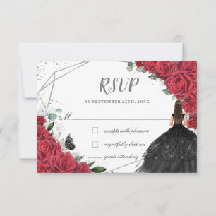 Chic Red Floral Roses Silver Quinceañera Princess  RSVP Card