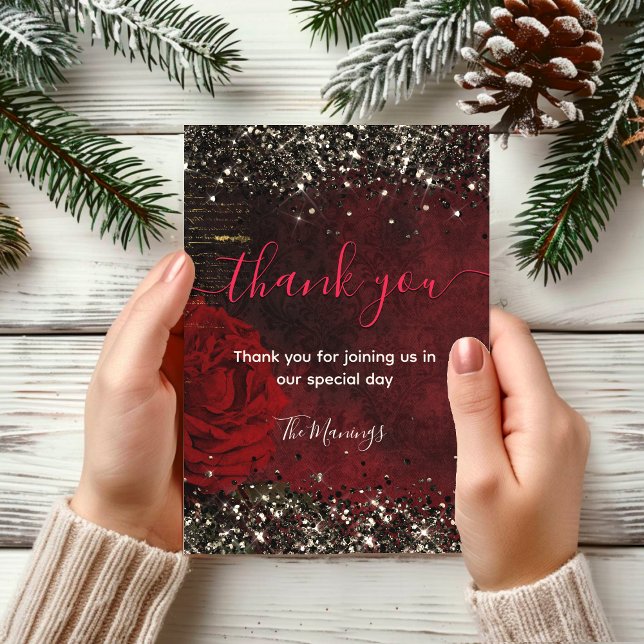 Chic red flower black faux gold glitter thank you card (Creator Uploaded)