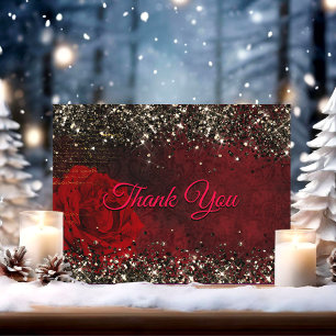 Chic red flower black faux gold glitter thank you card