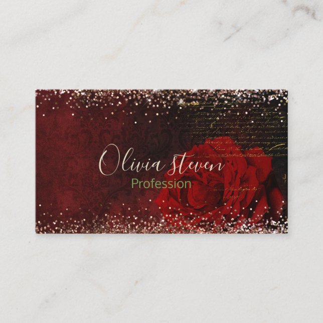 Chic red flower faux gold glitter monogram appointment card (Front)