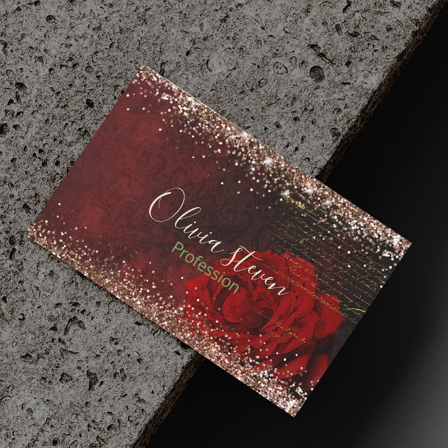 Chic red flower faux gold glitter monogram 	Magnetic business card (Creator Uploaded)
