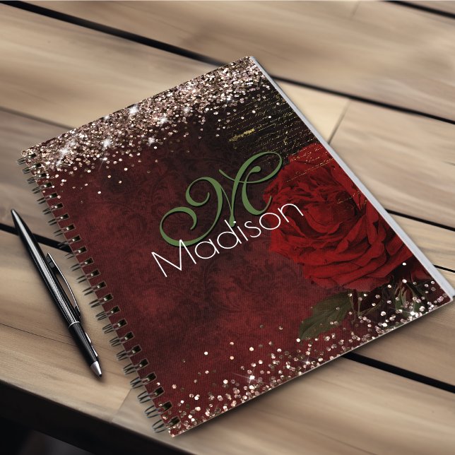Chic red flower faux gold glitter monogram notebook (Creator Uploaded)