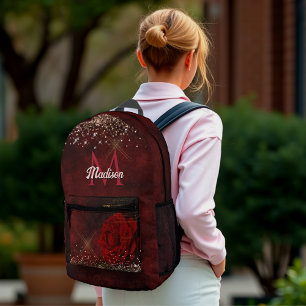 Chic red flower faux gold glitter monogram printed backpack