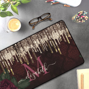 Chic red flower gold drippings glitter monogram desk mat