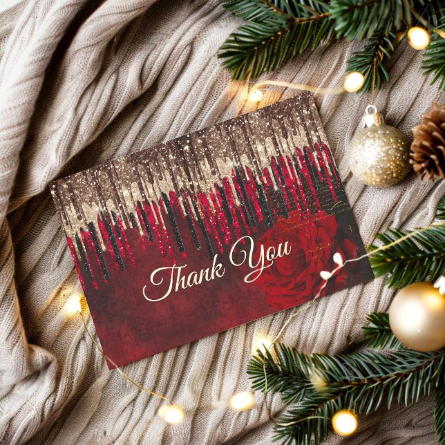 Chic red flower gold drippings glitter monogram thank you card (Creator Uploaded)
