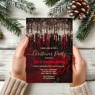 Chic red flower gold drips glitter Christmas  Invitation