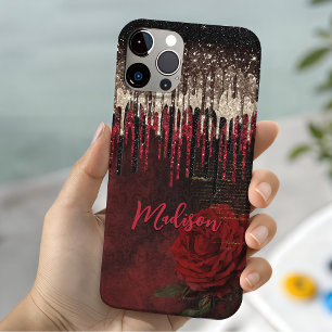 Chic red flower gold drips glitter monogram iPhone 11 case