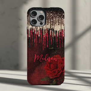 Chic red flower gold drips glitter monogram Case-Mate iPhone 14 case