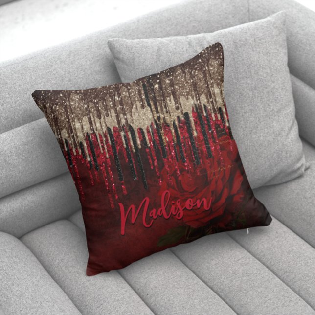 Chic red flower gold drips glitter monogram cushion (Creator Uploaded)