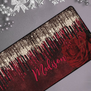 Chic red flower gold drips glitter monogram desk mat