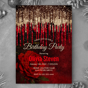 Chic red flower gold drips glitter monogram invitation