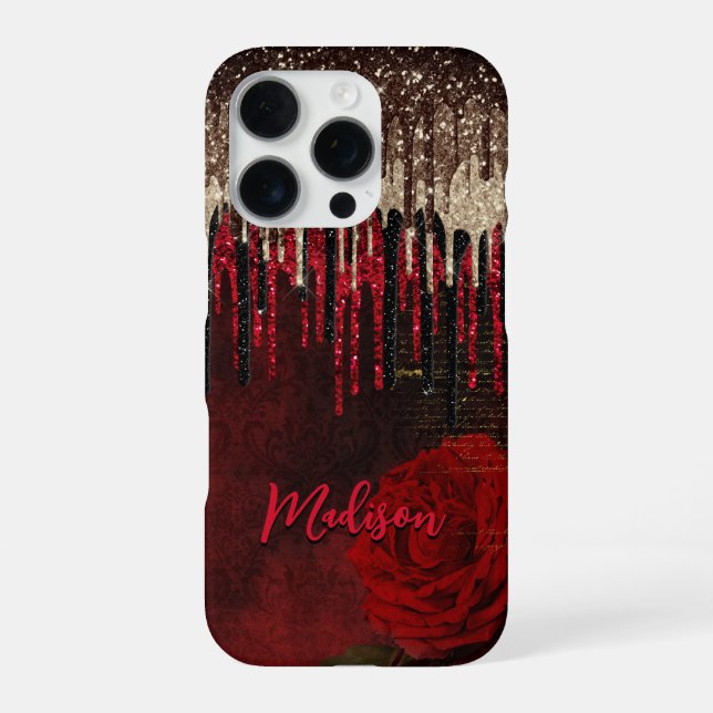 Chic red flower gold drips glitter monogram iPhone case (Back)