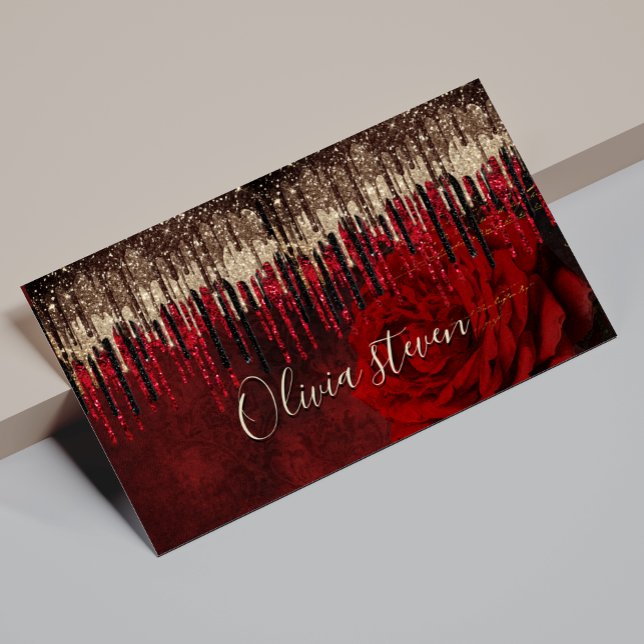 Chic red flower gold drips glitter monogram 	Magnetic business card (Creator Uploaded)