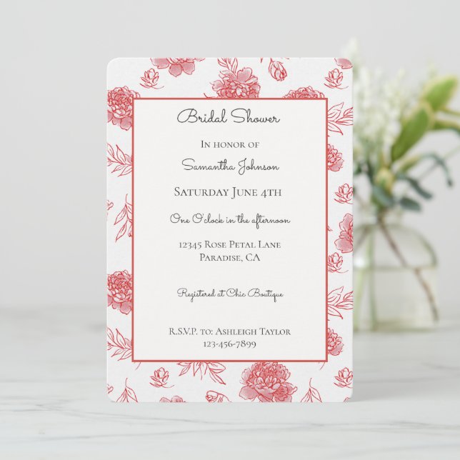 Chic Red Flowers Bridal Shower   Invitation (Standing Front)