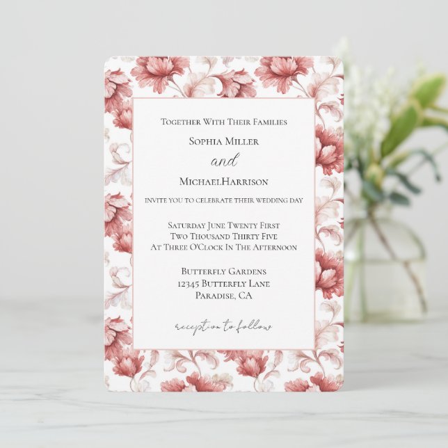 Chic Red Flowers Elegant Wedding Invitation (Standing Front)