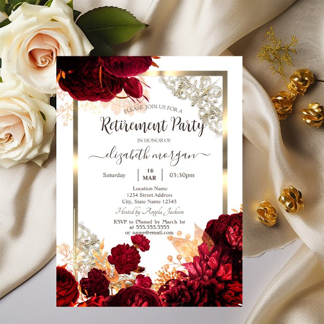 Chic Red Flowers Gold Frame Retirement   Invitation (Creator Uploaded)