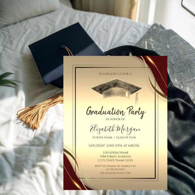 Chic Red Frame,Graduation Cap Gold Graduation Invitation (Creator Uploaded)