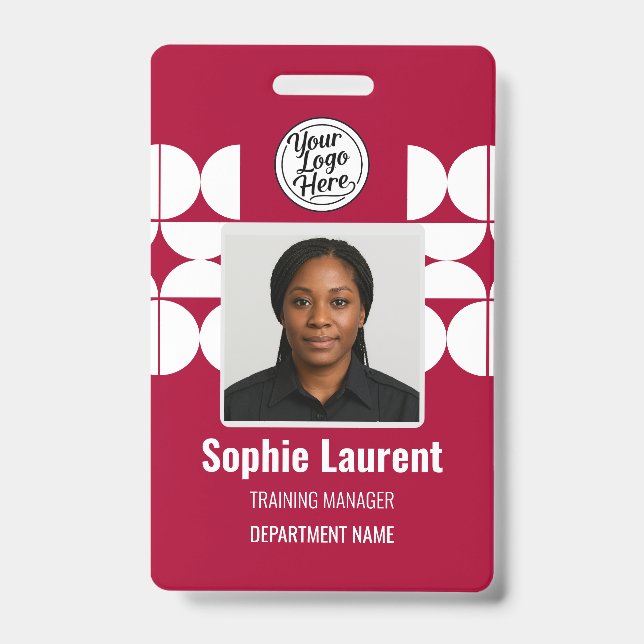 Chic Red Geometric Employee ID Holder Badge (Front)