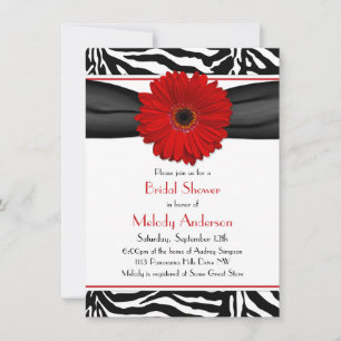 Chic Red Gerber Daisy Zebra Print Bridal Shower Invitation
