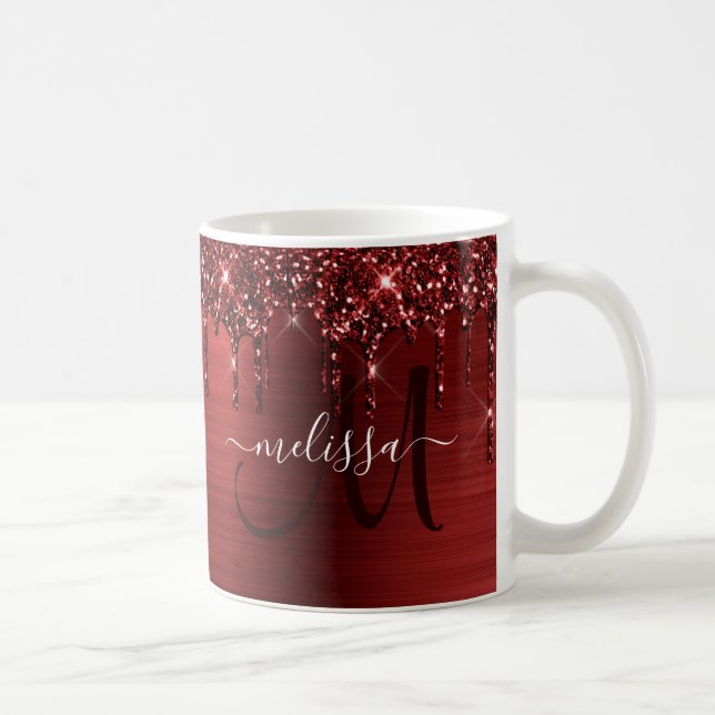 Chic Red Glitter Drips Brushed Metal Monogram Coffee Mug (Right)