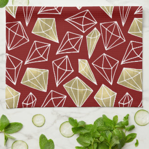 Chic Red Gold Diamonds Christmas Tea Towel