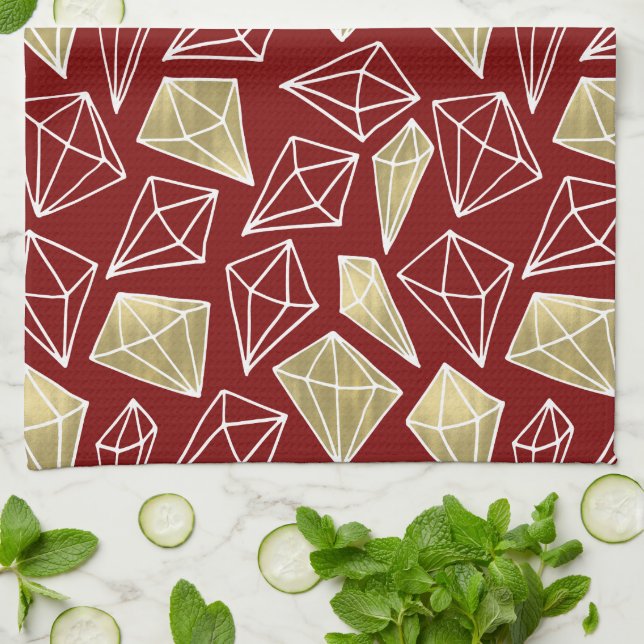 Chic Red Gold Diamonds Christmas Tea Towel (Folded)