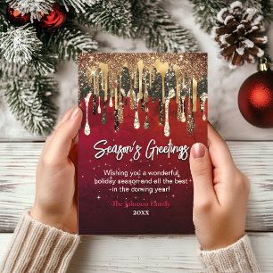 Chic red gold drips Christmas new year greeting Card