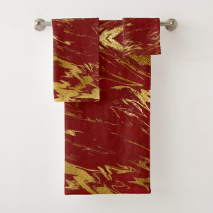 Chic Red Gold Faux Marble Bath Towel Set