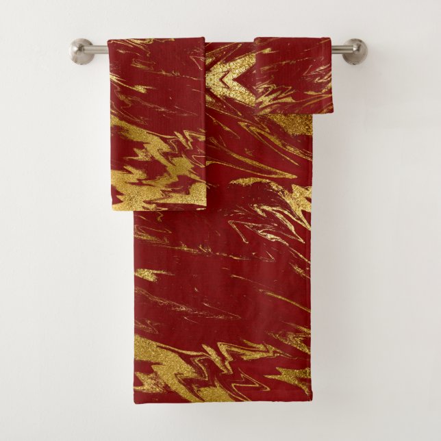 Chic Red Gold Faux Marble Bath Towel Set (Insitu)