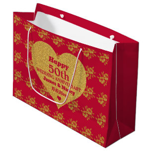 Chic Red & Gold Floral 50th Wedding Anniversary Large Gift Bag