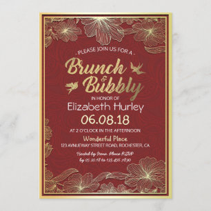 Chic Red Gold Floral Brunch & Bubbly Bridal Shower Invitation