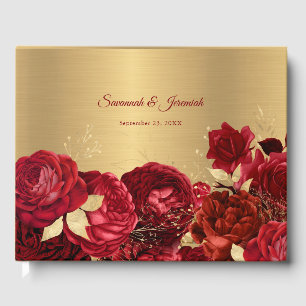 Chic Red Gold Floral Customisable Wedding Guest Book