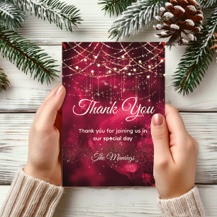 Chic red gold holiday lights thank you card