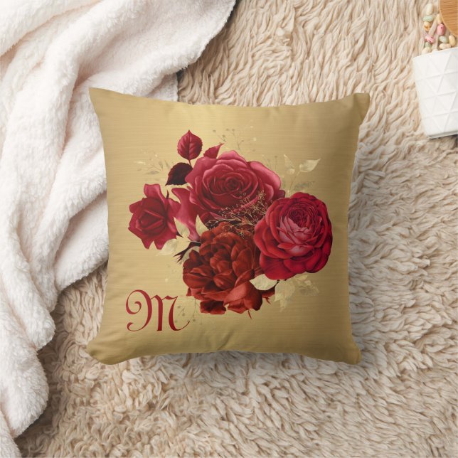 Chic Red Gold Monogram Initial Customisable Cushion (Blanket)