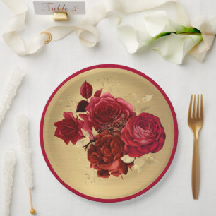 Chic Red Gold Roses Floral Paper Plate