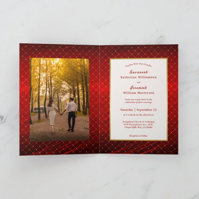 Chic Red Gold Squares Customisable Bifold Wedding Invitation (Inside)