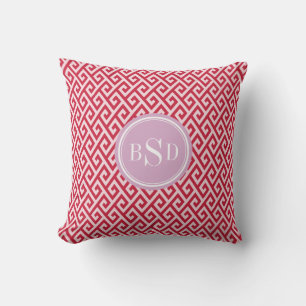 Chic red greek key geometric patterns monogram cushion