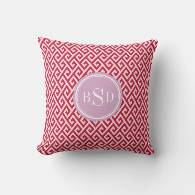 Chic red greek key geometric patterns monogram cushion (Front)
